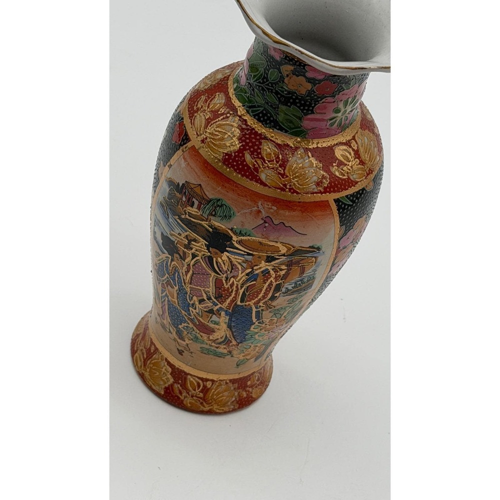 Vintage Japanese Satsuma‎ Moriage Porcelain Bud Vase Painted Geisha 8.25" Red